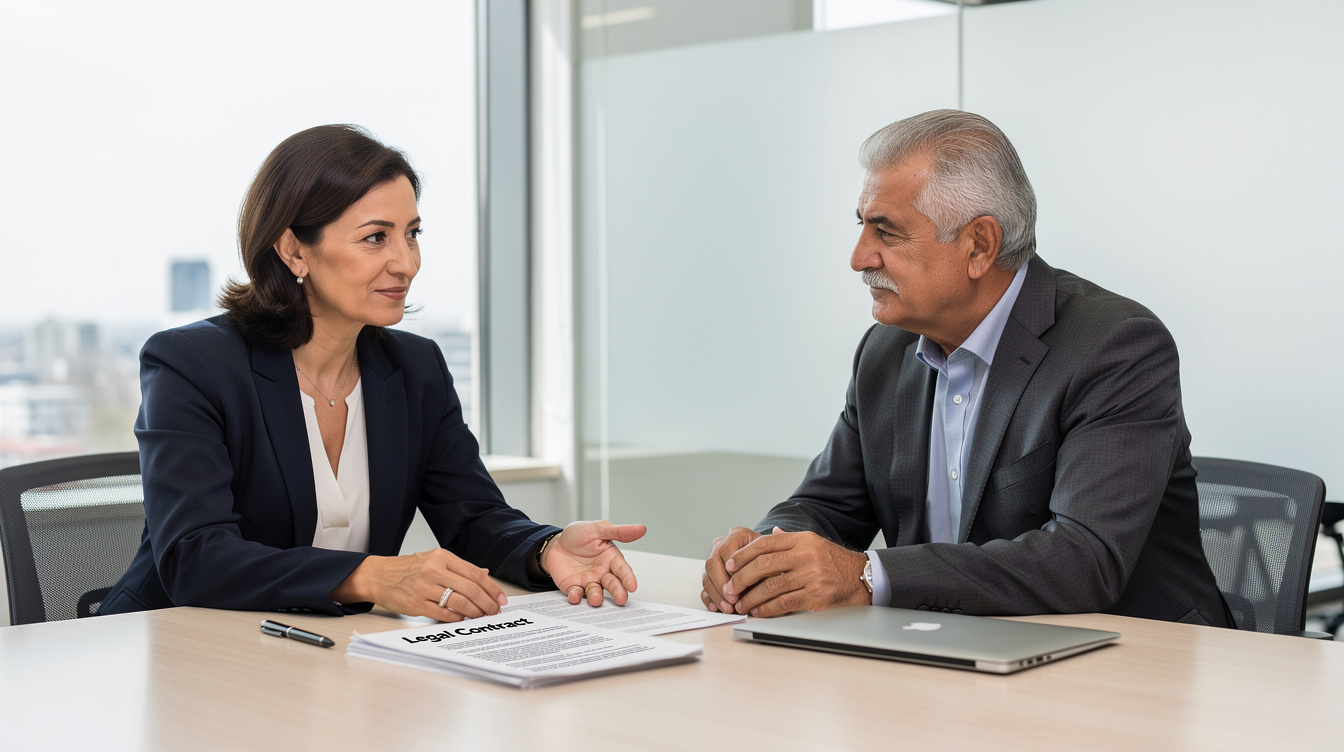 Female lawyer explaining legal document to senior client
