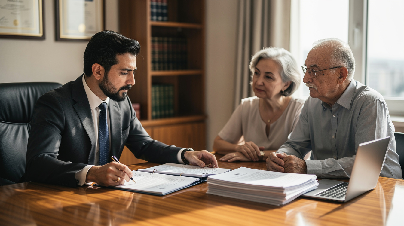 Lawyer consulting elderly clients about inheritance documents